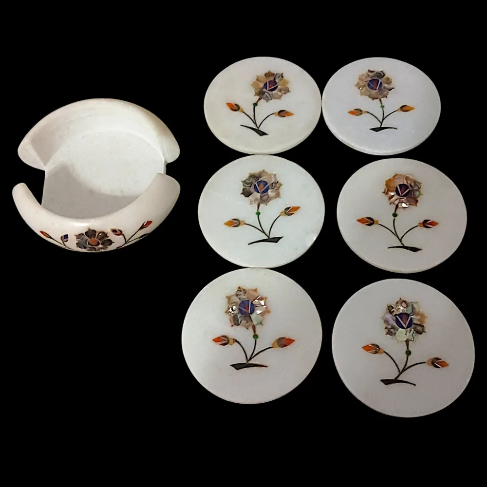 Pietra Dura Gemstone Marble Coasters Inlaid Floral Lapis Abalone‎ Semi Precious